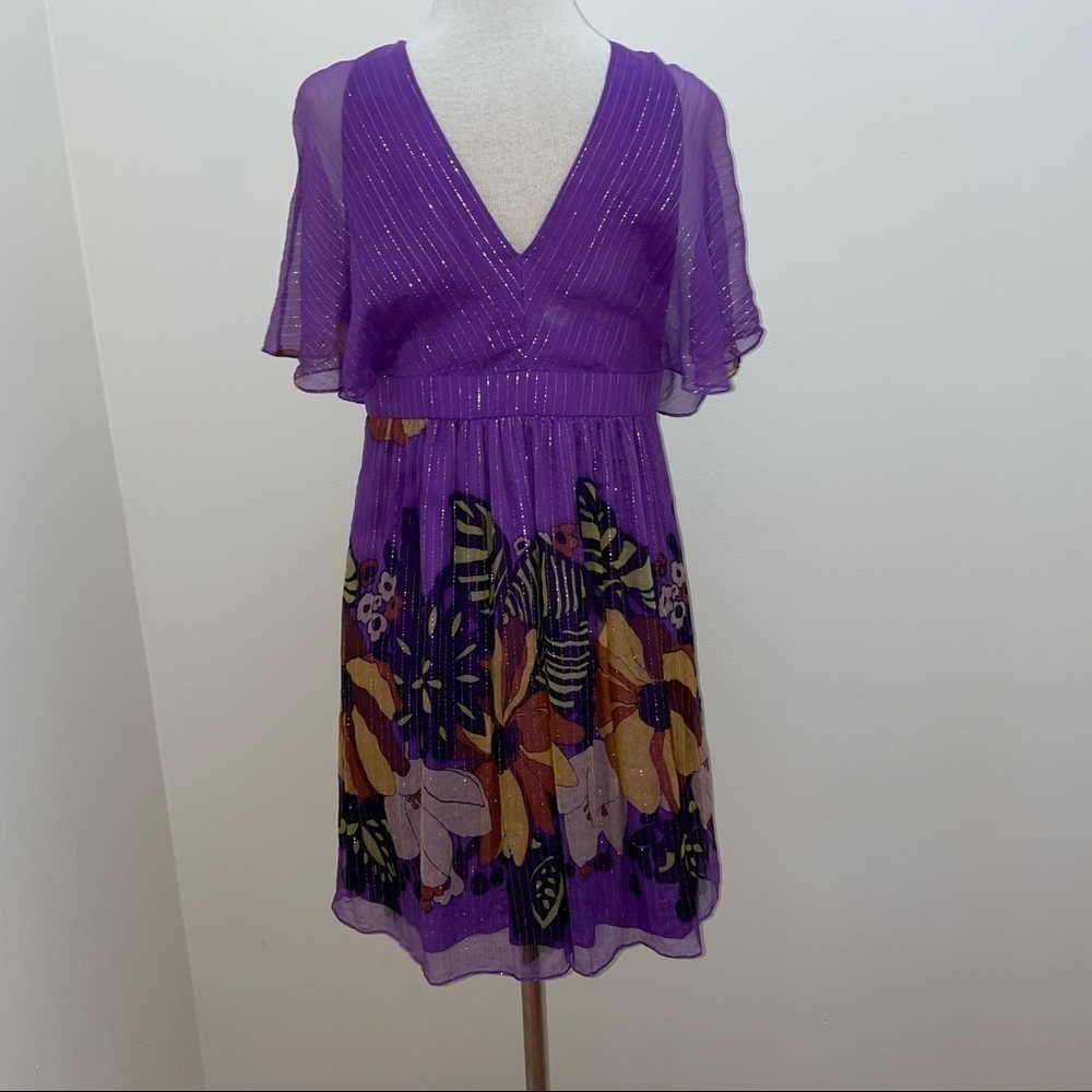 TIBI Silk Dress Sz 10 $495 Purple Floral Beads 100% Silk Metallic Empire Waist - Picture 4 of 14